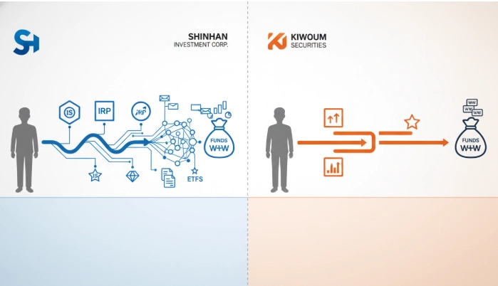 신한투자증권과 키움증권의 ISA/IRP 금융 상품 흐름도를 비교한 인포그래픽.