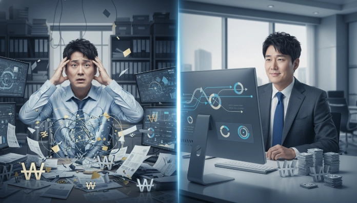 2025년 연말정산을 앞두고 혼란스러운 금융 상태(왼쪽)와 AI 분석으로 깔끔하게 정리된 금융 상태(오른쪽)를 비교하는 한국인 남성의 모습.