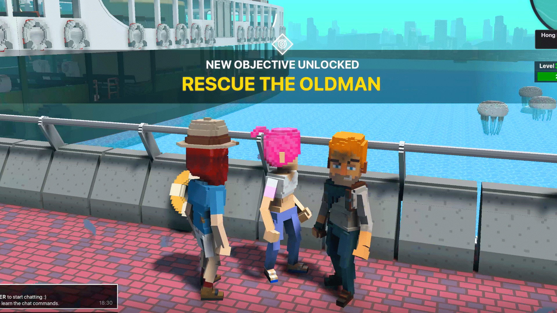 부둣가에 서 있는 세 사람