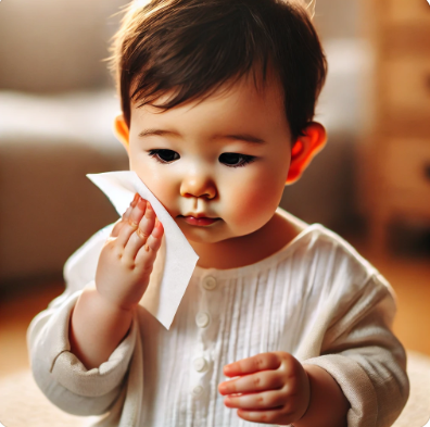 아이가 물티슈로 얼굴을 닦고 있는 모습 관련 사진