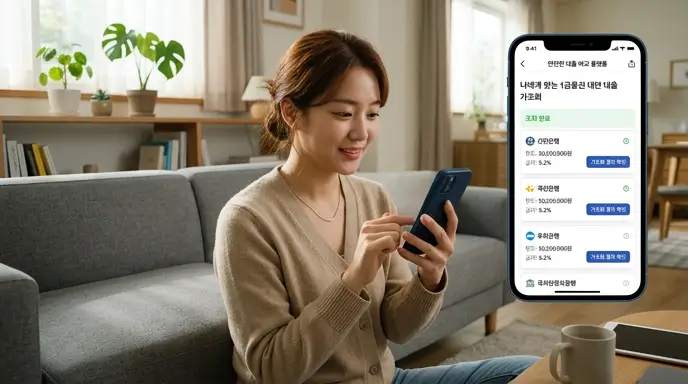 스마트폰으로 안전한 모바일 대출 비교 플랫폼을 이용하여 나에게 맞는 1금융권 대안 대출을 가조회하는 모습