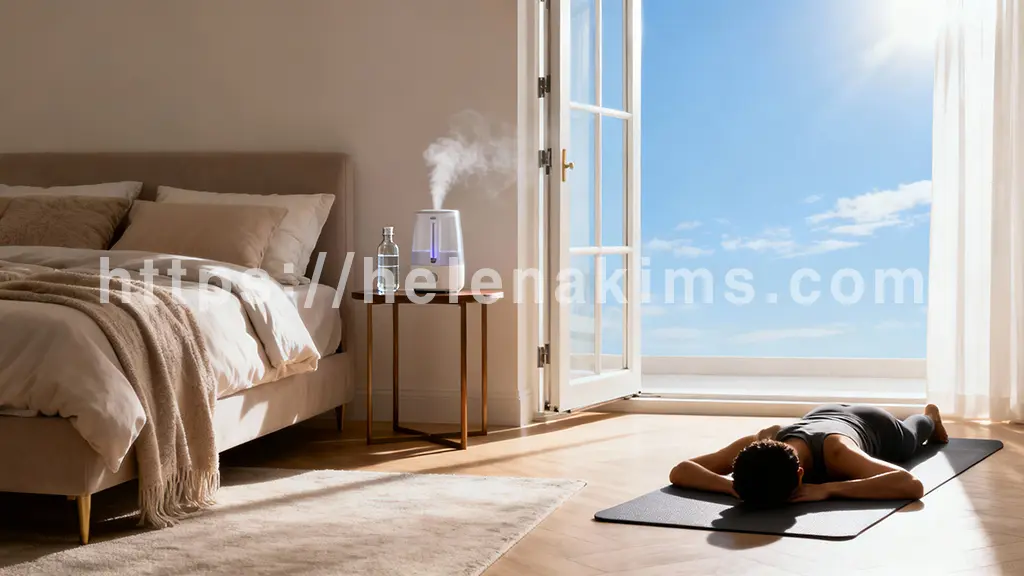 밝고 쾌적한 침실의 한 코너. 포근하게 정돈된 침대 옆 작은 테이블에 물병과 가습기가 놓여 있고, 열린 창문으로는 맑은 하늘과 햇살이 스며든다. 한쪽에는 요가 매트가 깔려 있으며, 그 위로 편안한 숙면을 취하는 사람의 모습.
