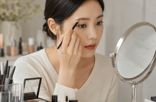 거울보며 눈썹 그리는 여자