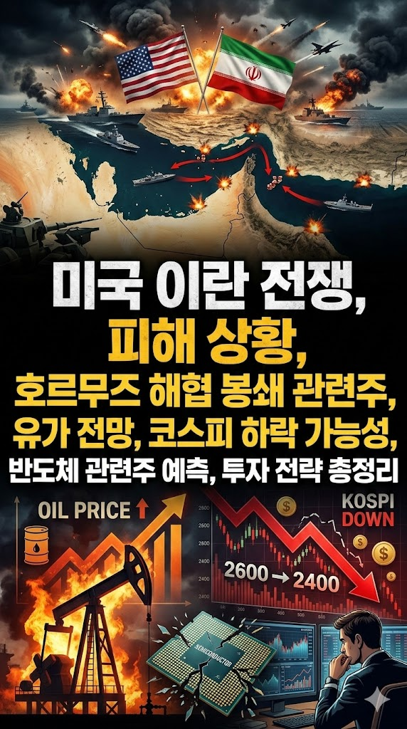 미국 이란 전쟁, 피해 상황, 호르무즈 해협 봉쇄 관련주, 유가 전망, 코스피 하락 가능성, 반도체 관련주 예측, 투자 전략 총정리
