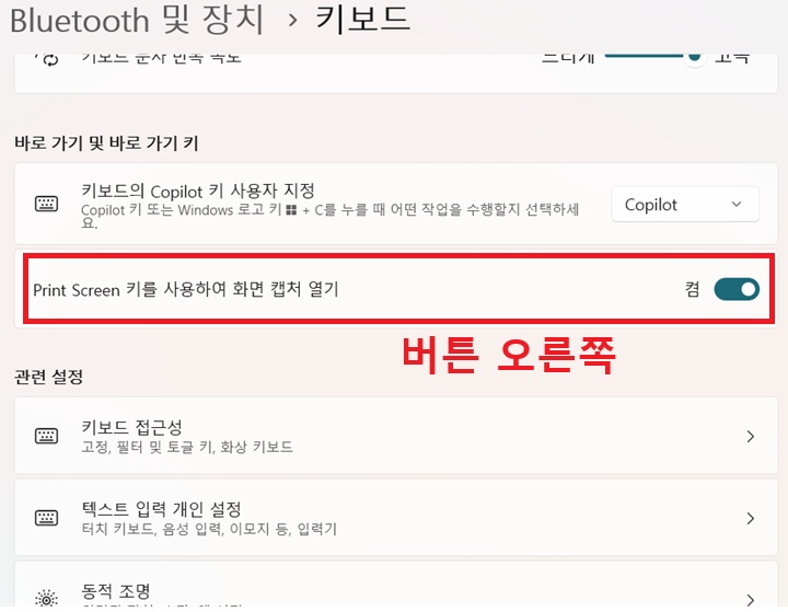 화면에 Print Screen 키를 사용하여 캡처 열기 메뉴의 버튼이 오른쪽으로 옮겨져있음