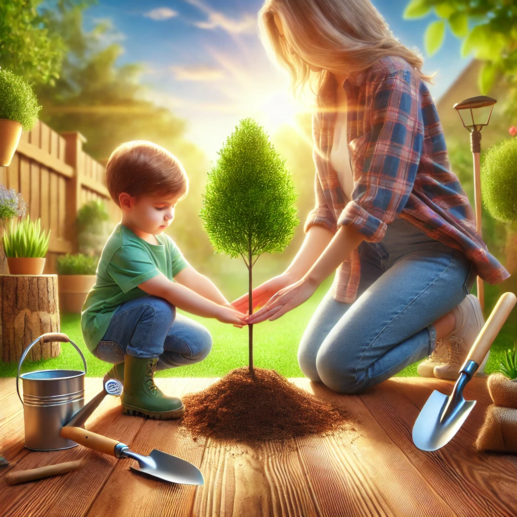 뒷마당에서 함께 나무를 심는 부모와 아이