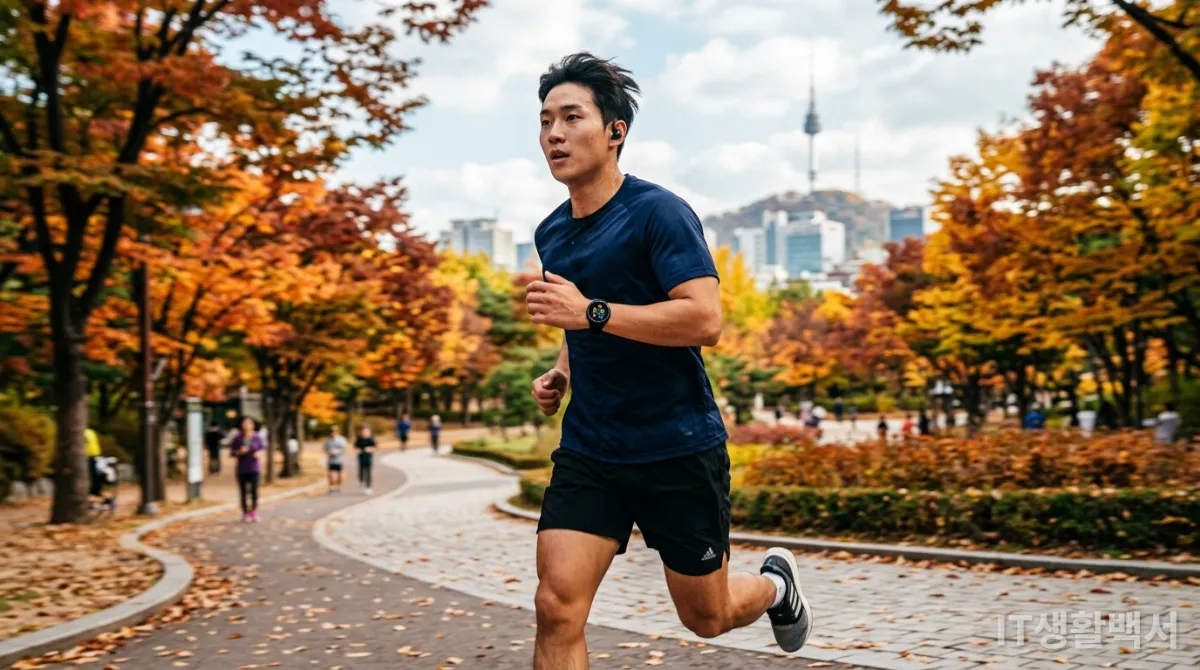 스마트워치를 착용하고 서울의 공원에서 조깅하는 한국인. 화면에는 운동량과 칼로리 소모량이 표시되어 있다.