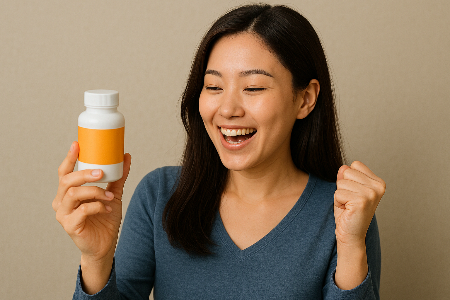 한국인 40대 여성이 영양제를 보고 기뻐하는 모습입니다.