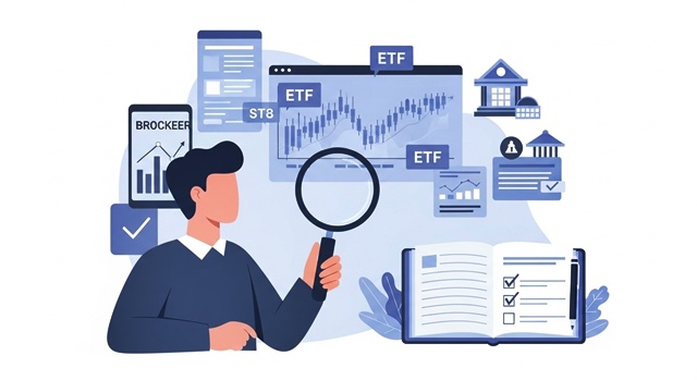 돋보기를 들고 투자 상품을 신중하게 검토하며 ETF 투자를 준비하는 사람의 모습. 증권사 앱과 체크리스트가 보이며, 철저한 준비 과정을 상징합니다.