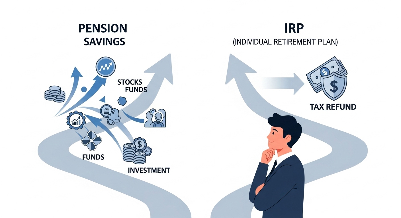사람이 연금저축과 IRP 두 갈래 길 앞에서 고민하는 인포그래픽. 연금저축 길은 다양한 투자 상품으로, IRP 길은 큰 세금 환급 아이콘으로 이어진다.
