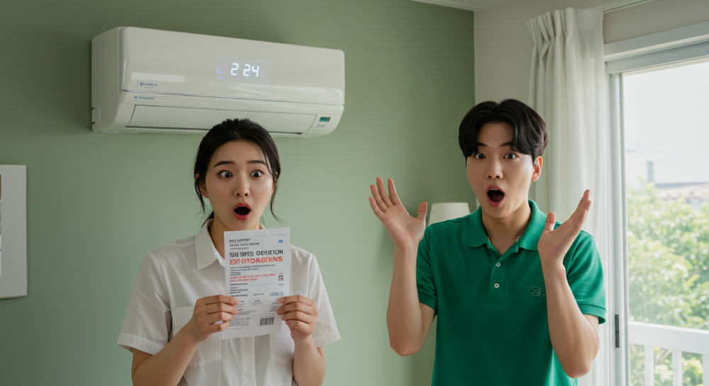 벽걸이 에어컨 설치 후 추가 비용 영수증을 보고 놀란 사람의 모습, 에어컨 설치 시 숨은 비용 문제와 소비자 주의를 강조하는 이미지