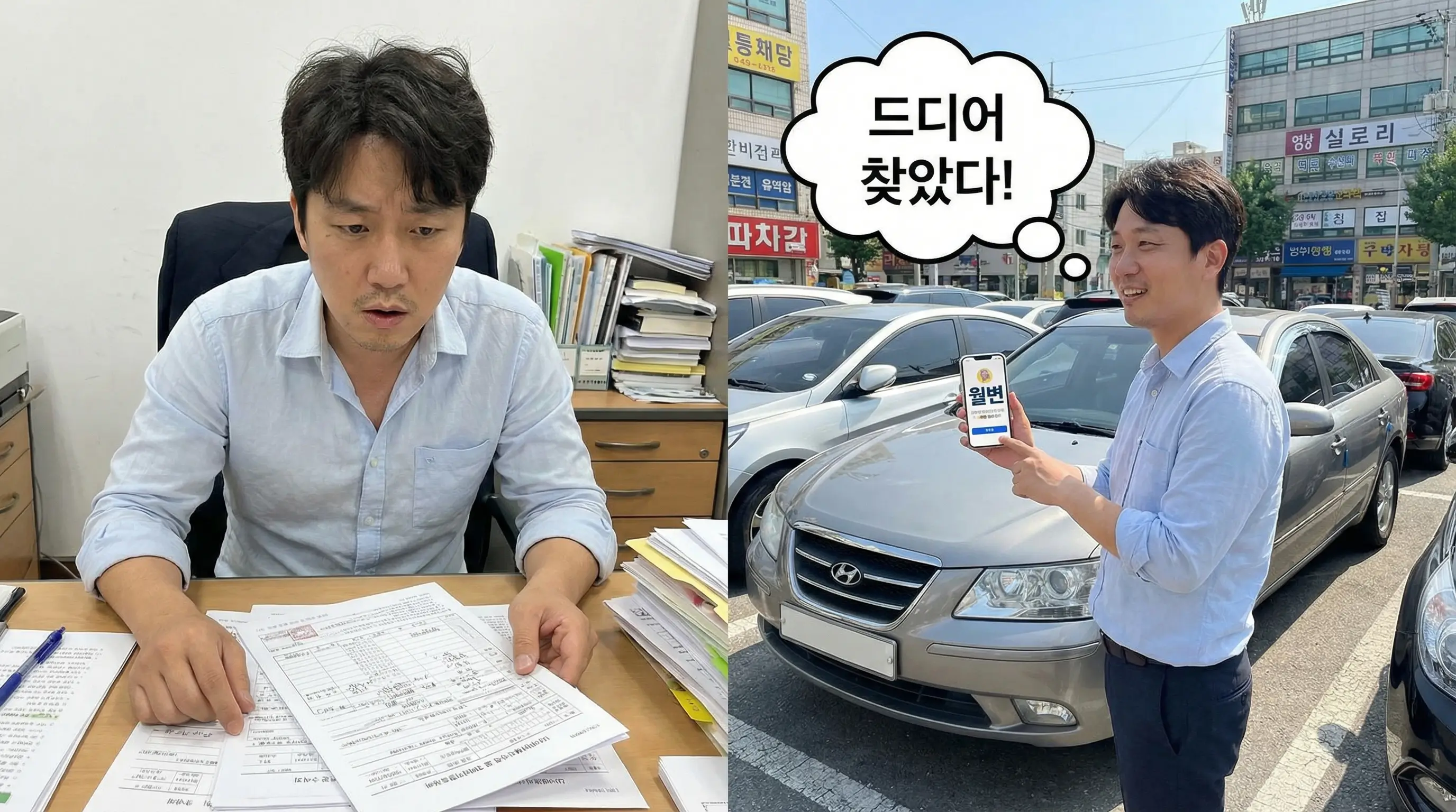 소득 증빙 서류가 없어 고민하는 무직자가 자동차와 월변이라는 새로운 해결책을 발견하는 모습