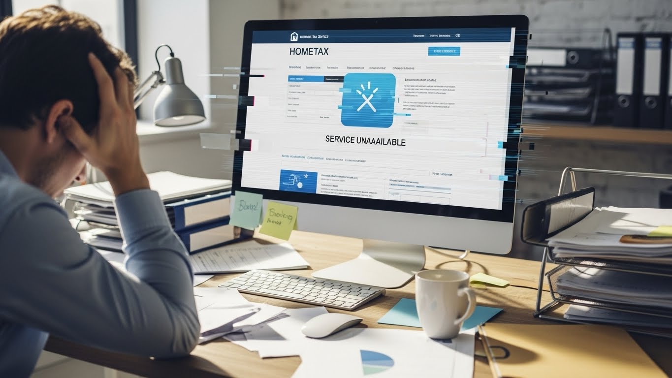 2026년 1월 15일 연말정산 간소화 서비스 접속 폭주로 인해 자료 조회가 안 되어 당황하는 직장인의 모습