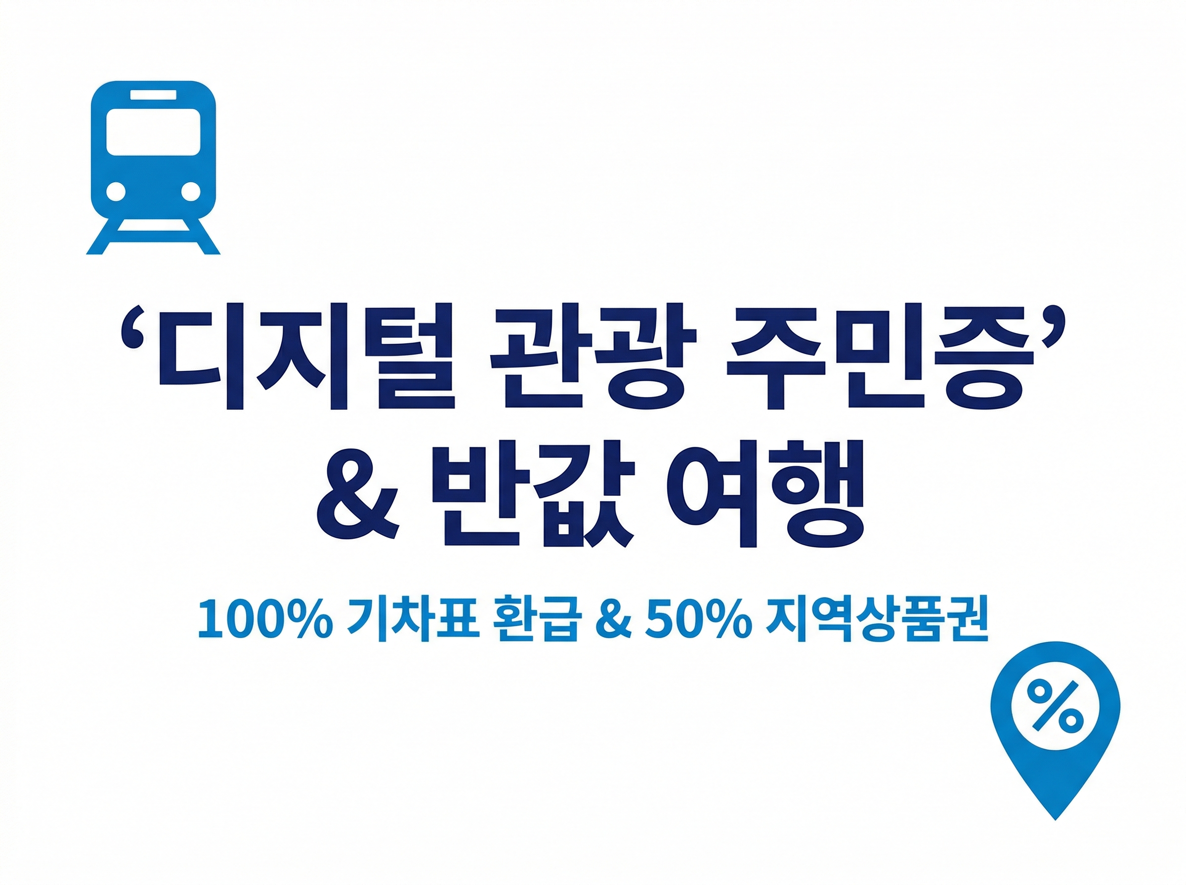 2026년 디지털 관광 주민증 발급 방법과 인구감소지역 반값 여행 혜택을 안내하는 블로그 썸네일 이미지. 흰색 배경 중앙에 ''디지털 관광 주민증' &amp; 반값 여행'이라는 굵은 남색 문구가 있고, 그 아래 '100% 기차표 환급 &amp; 50% 지역상품권'이라는 파란색 요약 문구가 배치됨. 왼쪽 상단에는 기차 아이콘, 오른쪽 하단에는 퍼센트 기호가 있는 위치 핀 아이콘이 포함된 깔끔한 디자인.