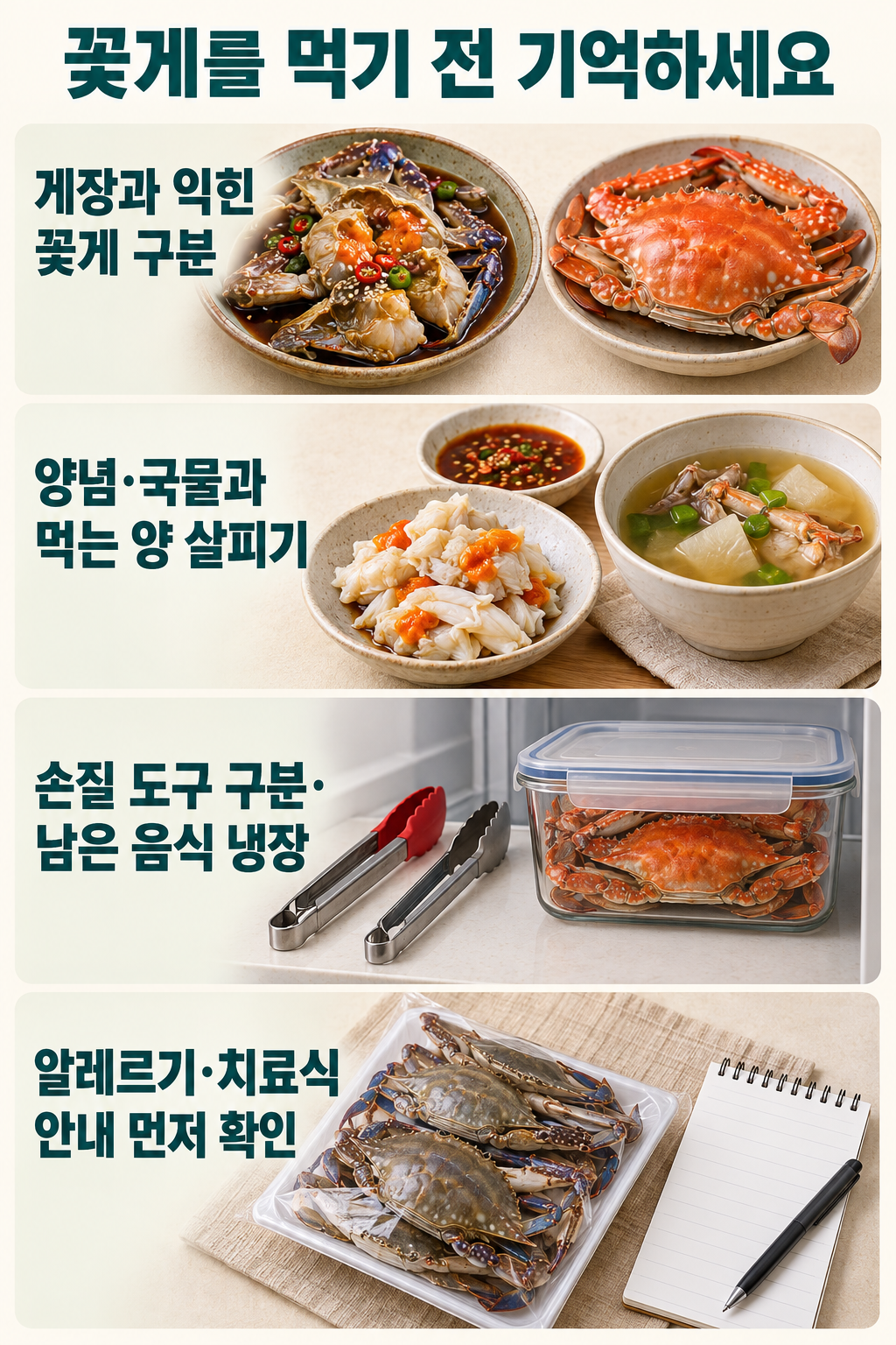꽃게의 가열 상태&middot;양념과 분량&middot;도구와 냉장 보관&middot;개인 식사 안내를 각각 대응시킨 핵심 정리