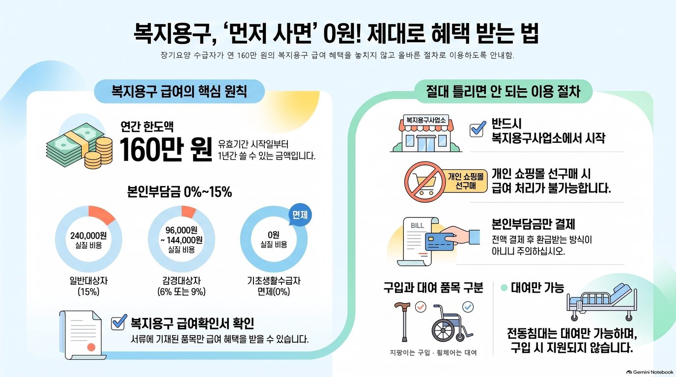연간 한도액 160만 원과 본인부담금 0~15%를 원그래프로 보여 주는 도표. 일반대상자는 실질 비용 240,000원, 감경대상자는 96,000원에서 144,000원, 기초생활수급자는 0원으로 면제라고 적혀 있고, 오른쪽에는 반드시 복지용구사업소에서 시작할 것, 개인 쇼핑몰에서 먼저 사면 급여 처리가 불가능하다는 것, 전액 결제 후 환급받는 방식이 아니라 본인부담금만 결제한다는 것, 전동침대는 대여만 가능하며 구입 시 지원되지 않는다는 것이 차례로 적혀 있다. 왼쪽 아래에는 복지용구 급여확인서에 적힌 품목만 급여를 받을 수 있다는 것이, 오른쪽 아래에는 지팡이는 구입이고 휠체어는 대여라는 품목 구분이 함께 놓여 있다