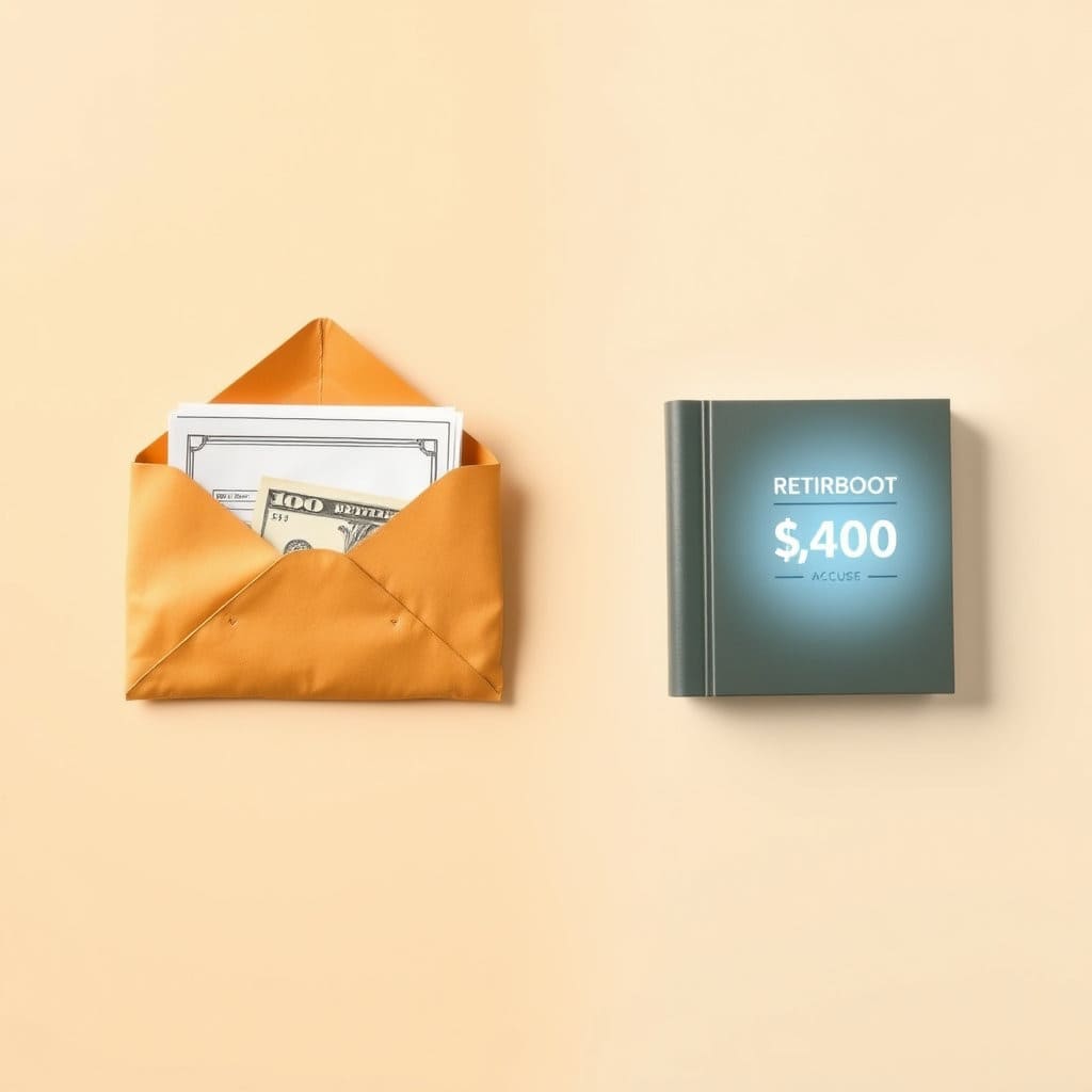 한쪽에는 두툼한 현금 봉투나 '퇴직금'이라고 쓰인 서류가 있고, 다른 한쪽에는 깔끔한 '퇴직연금' 통장이나 디지털 화면이 대비되는 이미지입니다. 이는 일시금 형태의 퇴직금이 연금 형태로 전환되는 시대적 흐름을 상징하며, 독자들에게 제도의 변화를 직관적으로 전달할 수 있습니다.