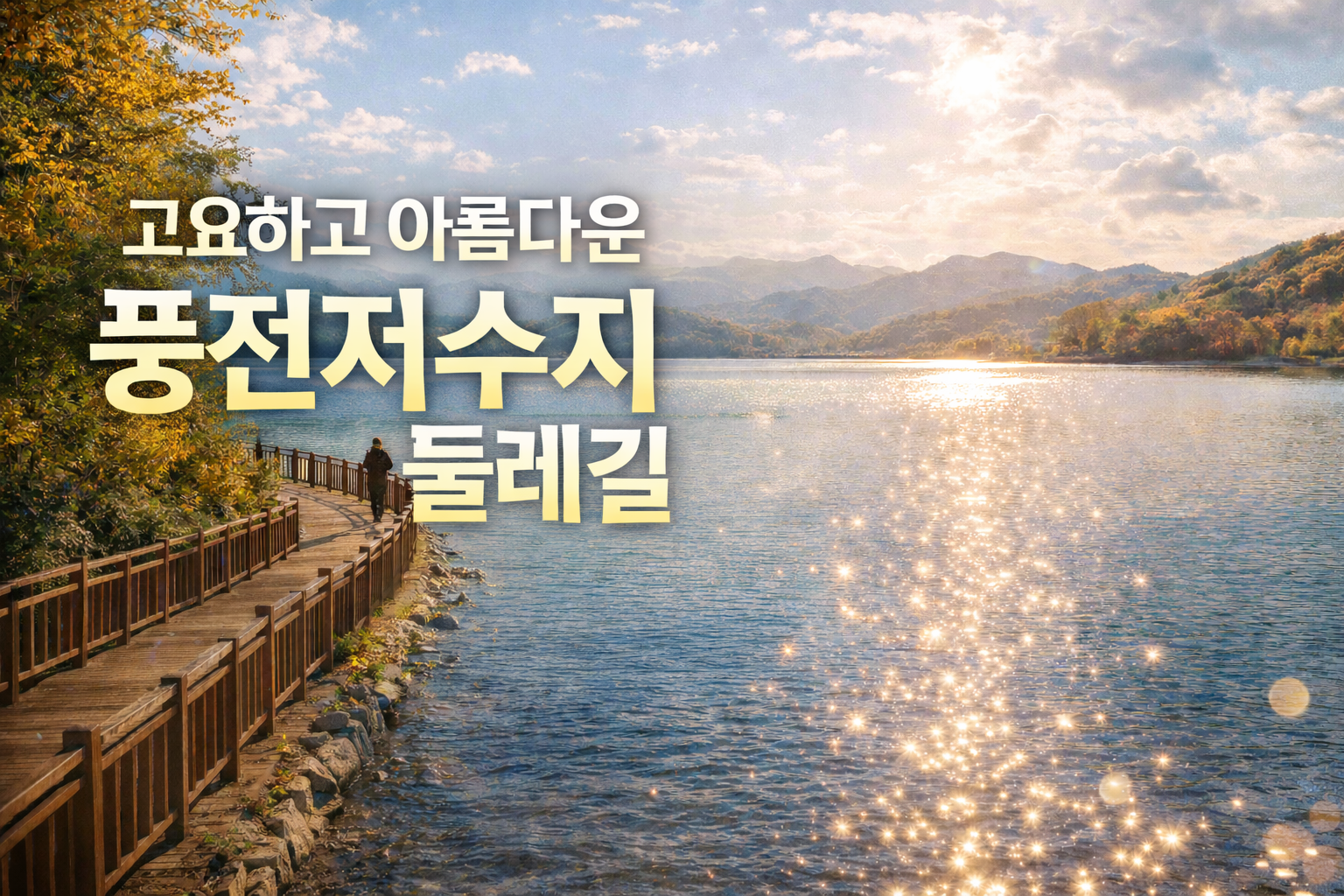 윤슬이 반짝이는 서산 풍전저수지 둘레길 풍경과 고요한 데크 산책로