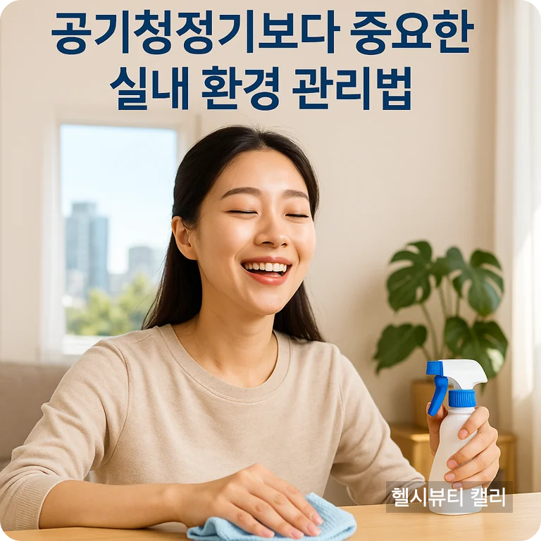 깨끗한 실내 공기 관리를 위해 청소하는 밝은 30대 여성의 모습