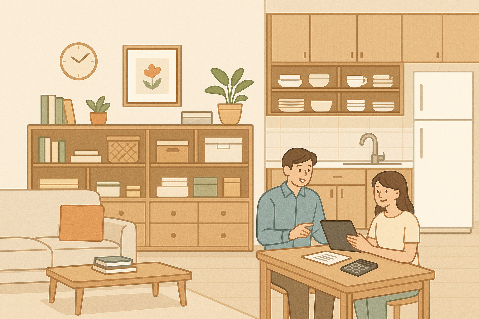 거실과 주방이 연결된 공간에서 수납장이 잘 정리된 인테리어 일러스트, 선반과 서랍에 물품이 깔끔하게 배치된 모습