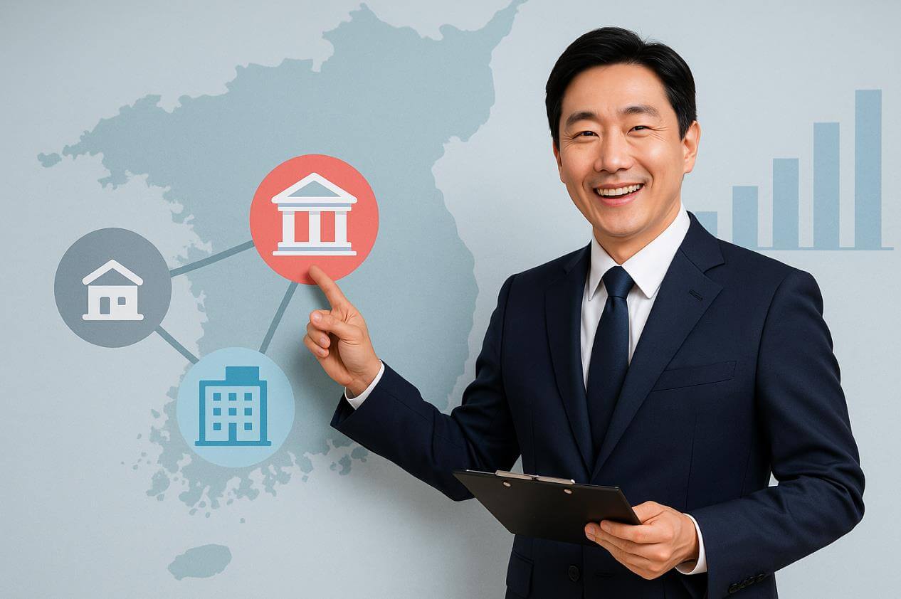 자영업자가 지도와 금융기관 연결 구조 설명