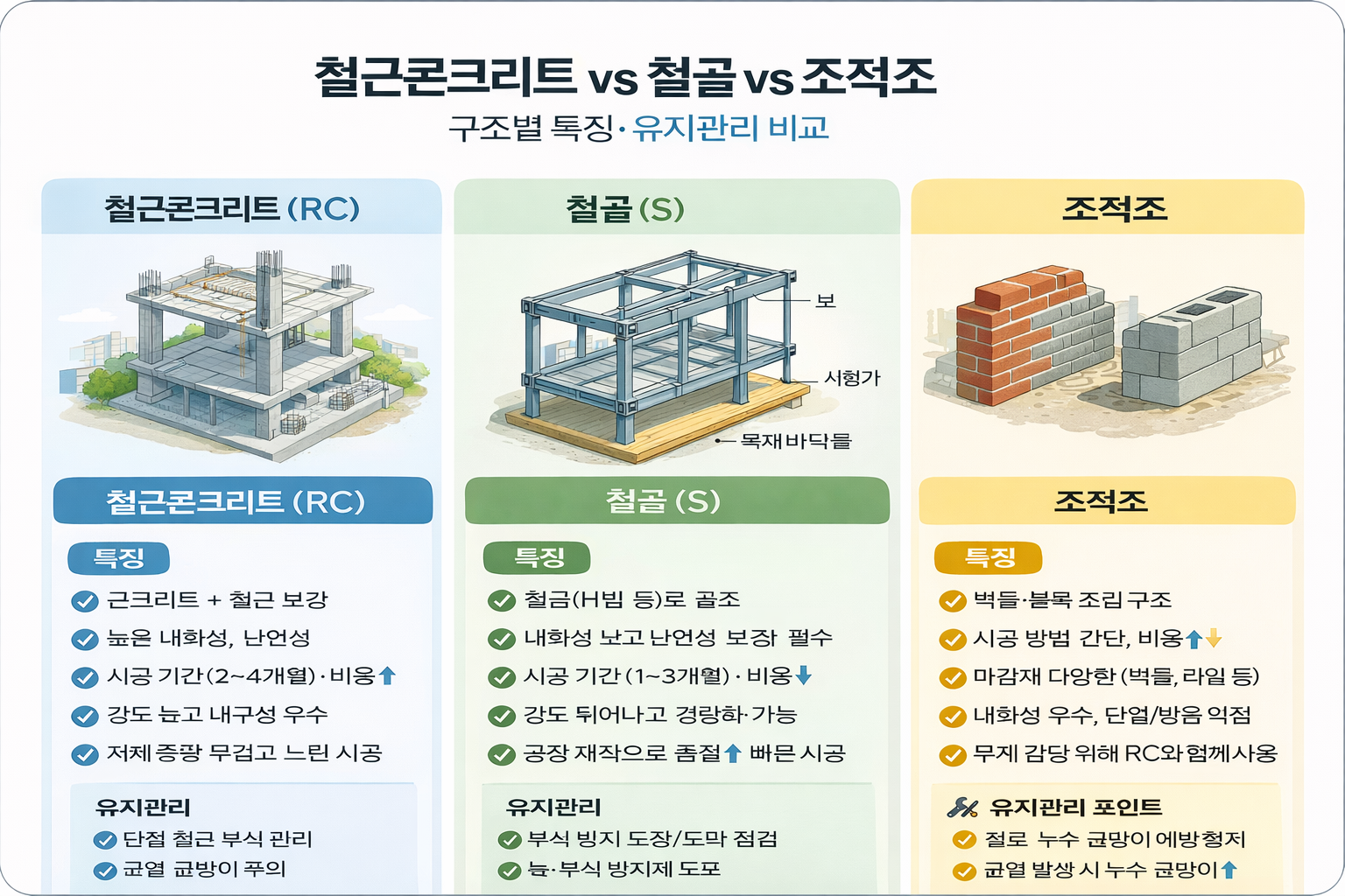 철근콘크리트(RC) vs 철골(S) vs 조적조: 구조별 특징과 유지관리(철근콘크리트, 철골, 조적조)