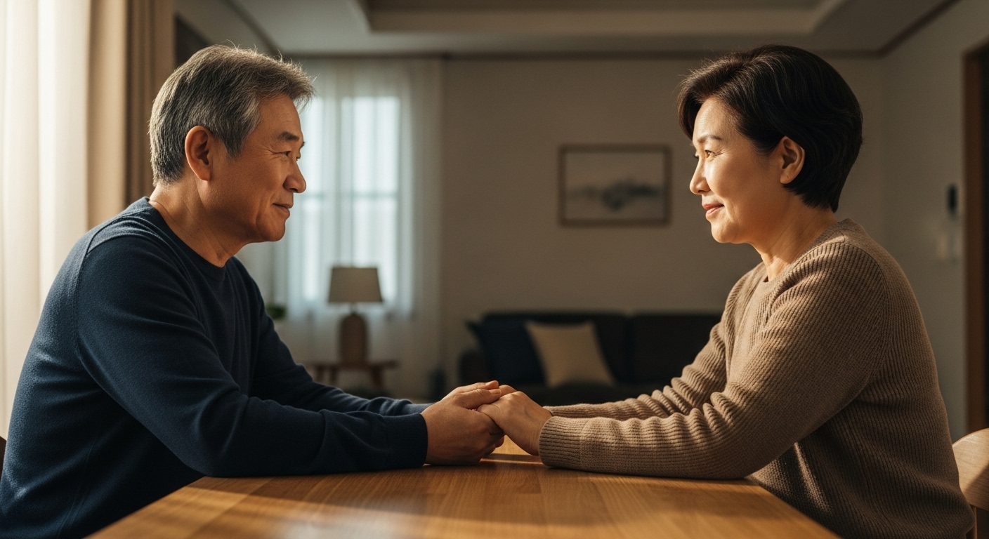 손을 잡고 깊은 대화를 나누는 결혼 40년차 부부