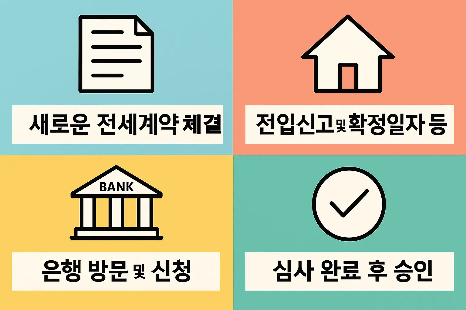 새로운 전세계약 체결부터 전입신고, 은행 신청, 심사 승인까지의 전체 절차를 요약한 인포그래픽. 2025년 기준 최신 신청 흐름을 보기 쉽게 시각화함.