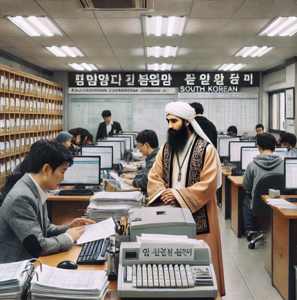 종교 지도자가 세무 관련 서류를 상담하는 세무서 내부.