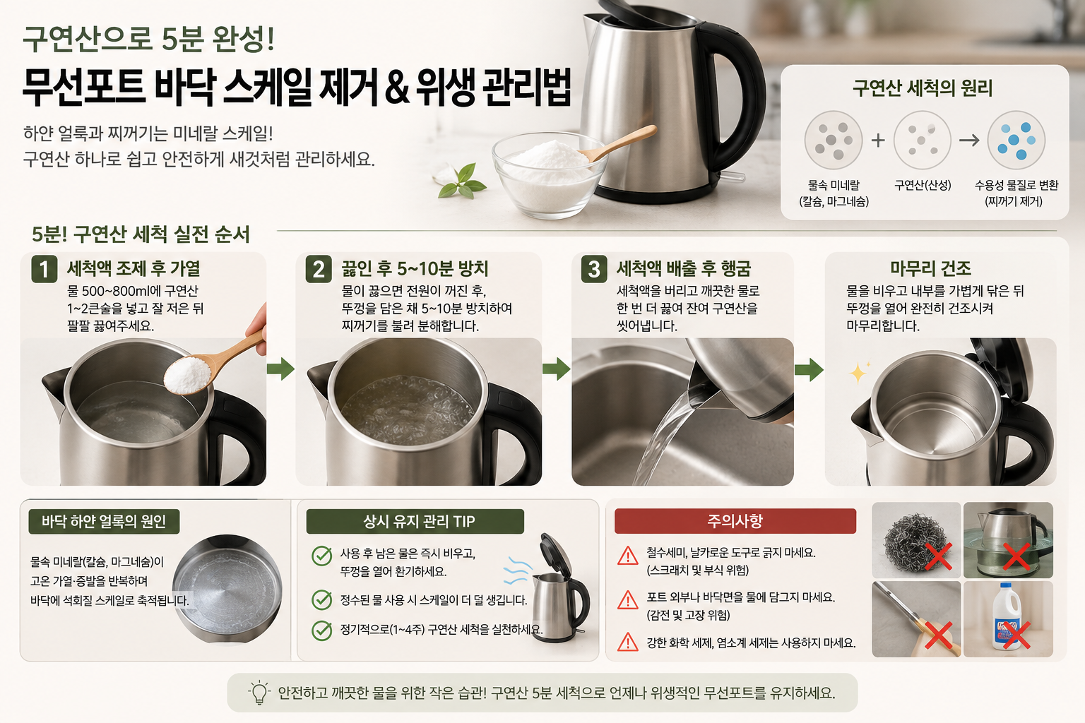 무선포트 바닥 하얀 얼룩, 구연산 하나로 5분 만에 없앤 후기