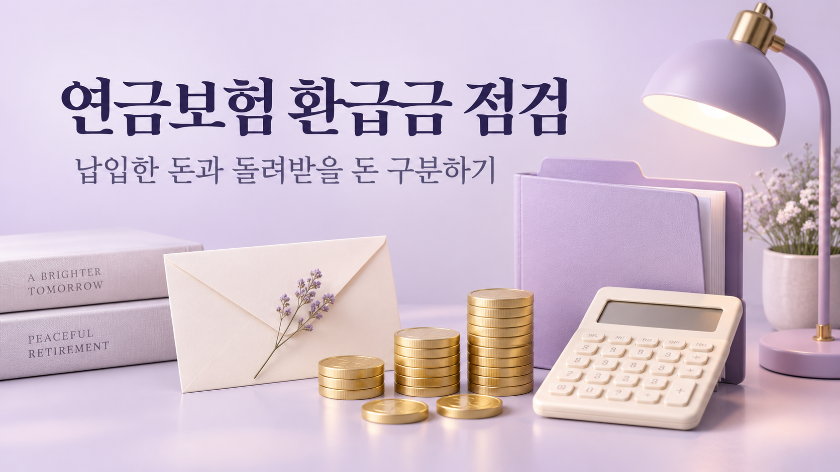 연금보험 납입액과 해지환급금 점검을 나타내는 라벤더색 서류와 계산기 대표 이미지