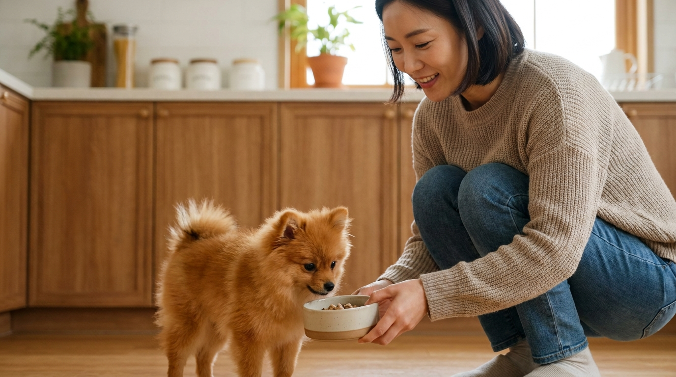 어린 강아지 밥 주는 장면