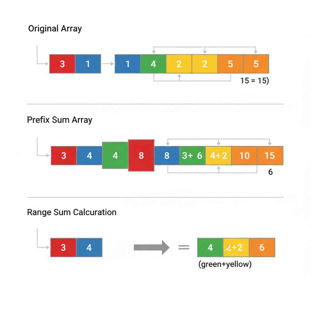 원본 배열의 요소들이 차례대로 더해져 새로운 배열을 형성하는 누적 합(Prefix Sum)의 생성 과정과, 이를 활용하여 특정 구간의 합을 뺄셈 한 번으로 계산하는 원리를 보여주는 기술 도식입니다.