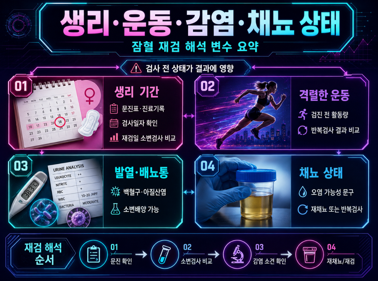 생리 기간, 격렬한 운동, 감염 증상, 채뇨 상태가 소변잠혈 재검 해석에 미치는 변수를 정리한 신스웨이브 인포그래픽