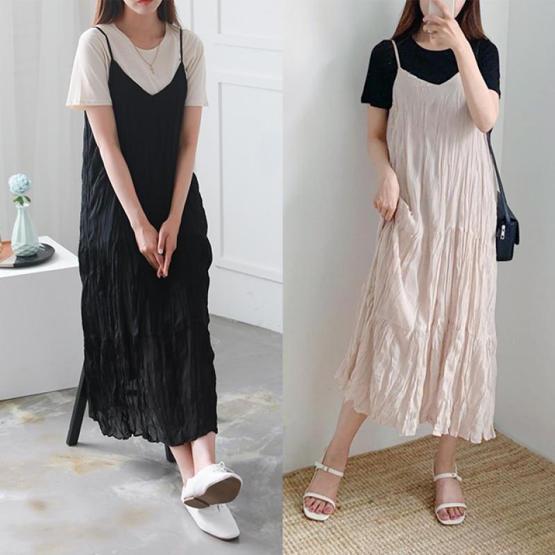 봄 여름 플리츠 나시 롱 뷔스티에 원피스