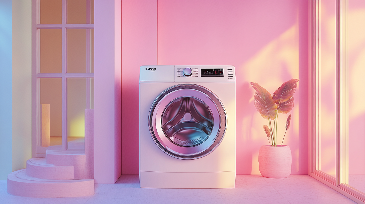 모던한 한국 가정 인테리어에 있는 미래형 프리미엄 세탁기로 세련된 디자인과 편안한 분위기를 조성하며, 세탁 효율성을 강조하는 모습