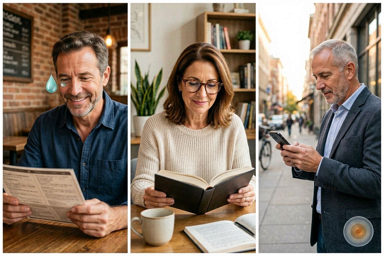 A person in their 40s comfortably reading a menu without glasses, with a small eye drop icon nearby