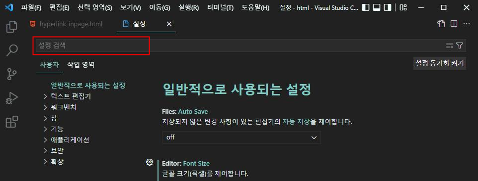 VSCode 설정 화면