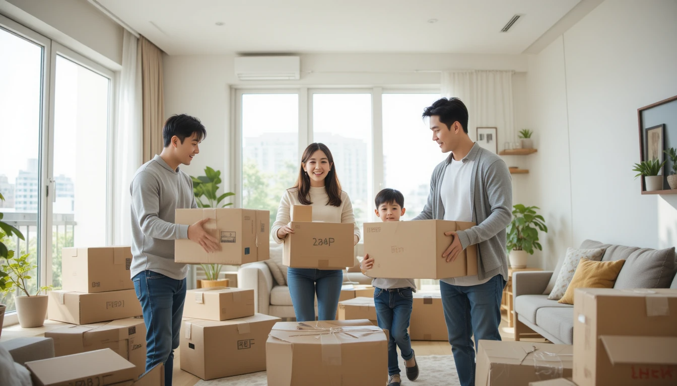 이사 후 새 집에서 짐을 정리하는 가족