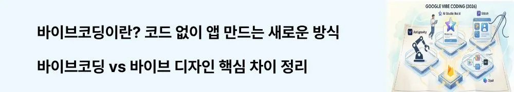 구글 바이브 코딩: "바이브코딩이란? 코드 없이 앱 만드는 새로운 방식 / 바이브코딩 vs 바이브 디자인 핵심 차이 정리"라는 문구가 포함된 웹배너 이미지. 이 이미지는 바이브코딩(코드 생성)과 바이브 디자인(UI/UX 생성)의 개념 차이를 시각적으로 전달하며, 블로그의 바이브코딩 개념 설명과 관련된 내용을 설명함 (vibe coding vs vibe design difference explained)