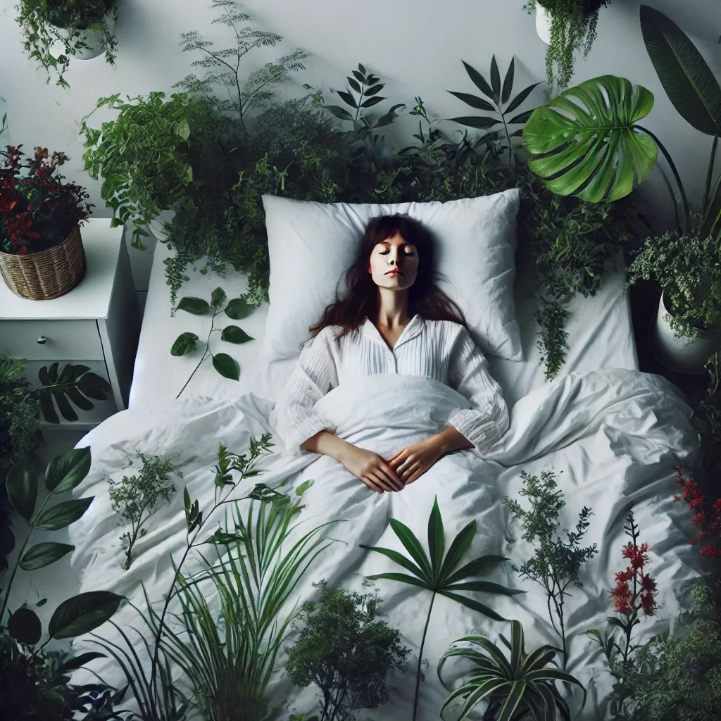 흰 시트로 덮인 침대에 누워있는 여성, 주변에 식물들이 자라나는 듯한 고요하고 초현실적인 분위기. 여성이 눈을 감고 자연과 연결된 꿈같은 상태에 빠져있다.