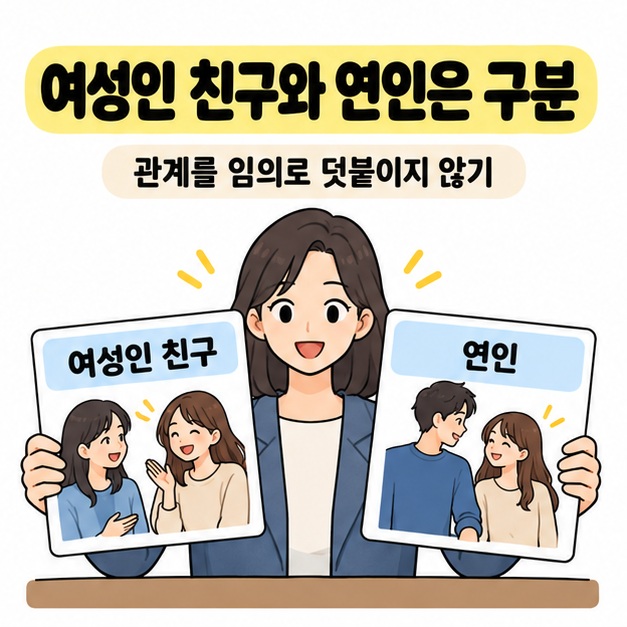 여성인 친구와 연인은 구분하라는 안내 아래 여성이 친구들의 모습과 연인의 모습이 담긴 두 관계 카드를 보여주는 모습