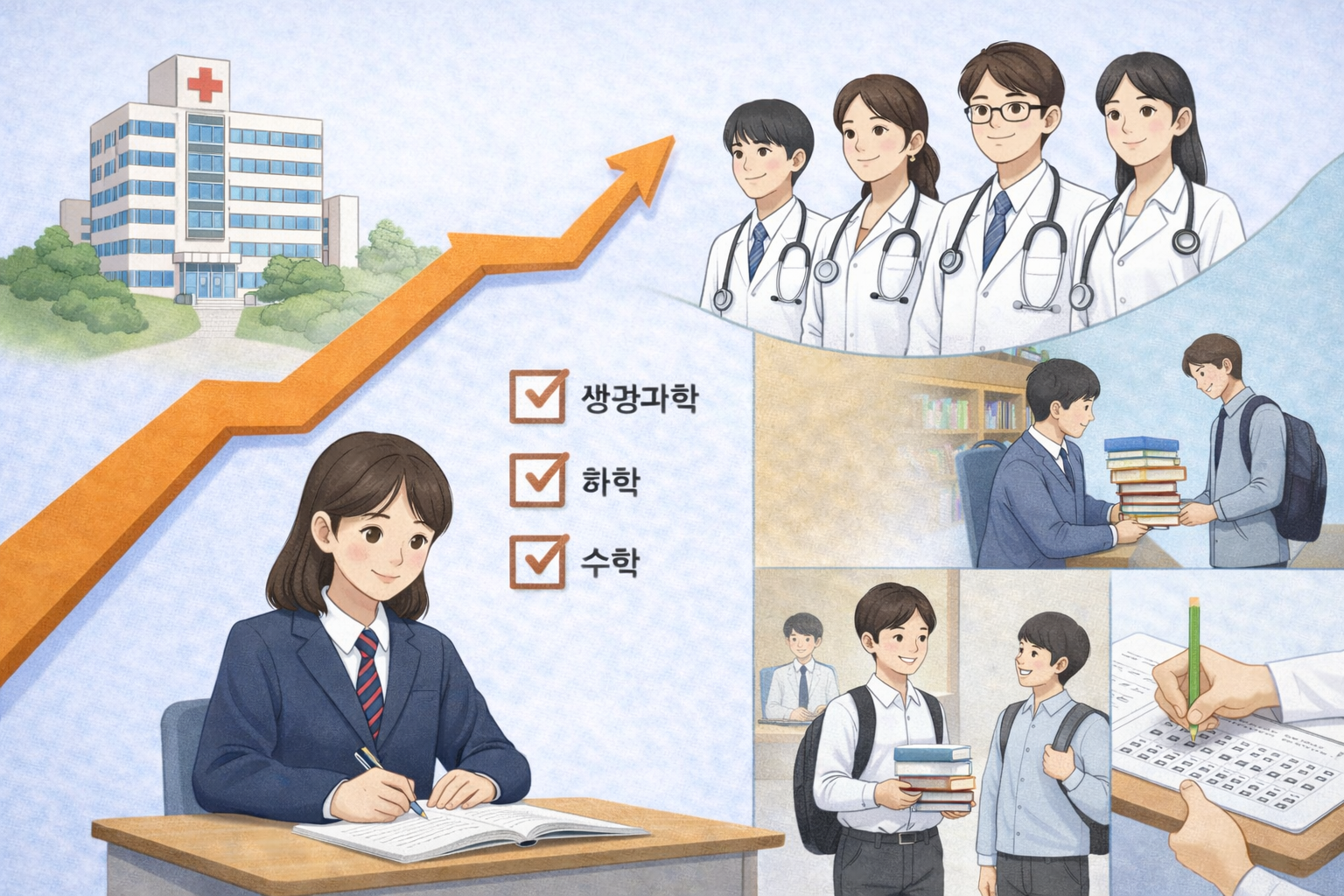 의대 진학을 목표로 공부하는 일반고 학생과 병원, 의사, 학습 장면이 함께 표현된 일러스트