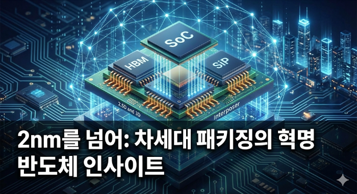 2.5D 및 3D 패키징, SiP, HBM 기술이 적용된 미래형 반도체 모듈 이미지로, '2nm를 넘어: 차세대 패키징의 혁명'이라는 텍스트가 포함된 반도체 인사이트 블로그 썸네일입니다.