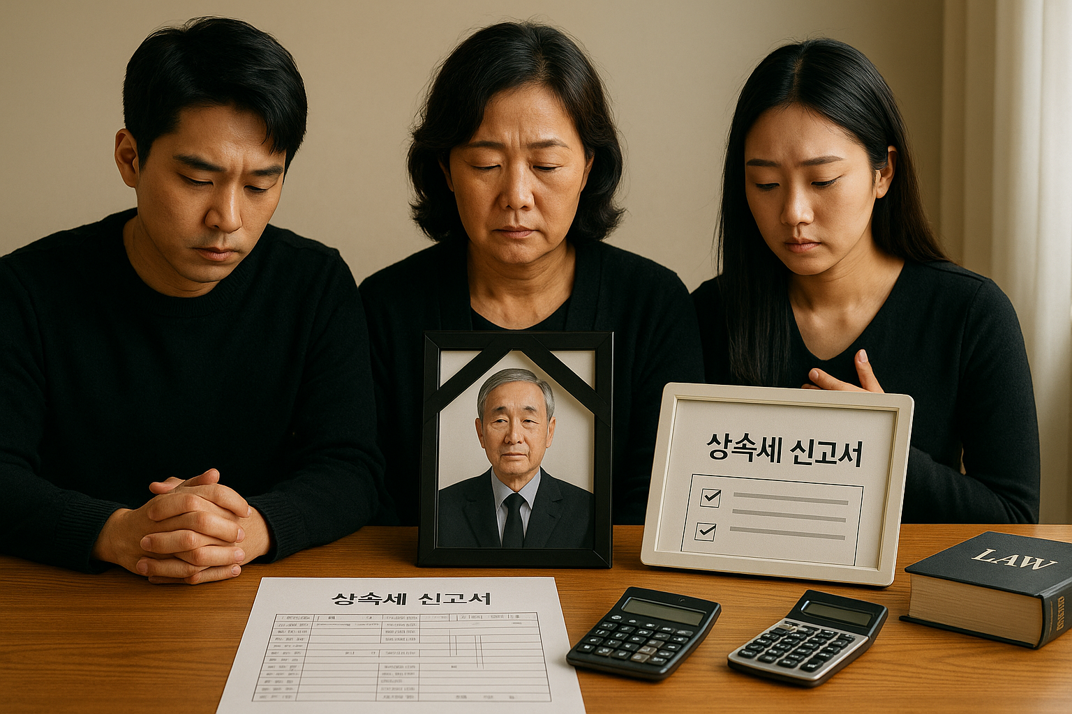 상속세 신고서를 확인하며 유족이 조용히 상속 절차를 준비하는 장면