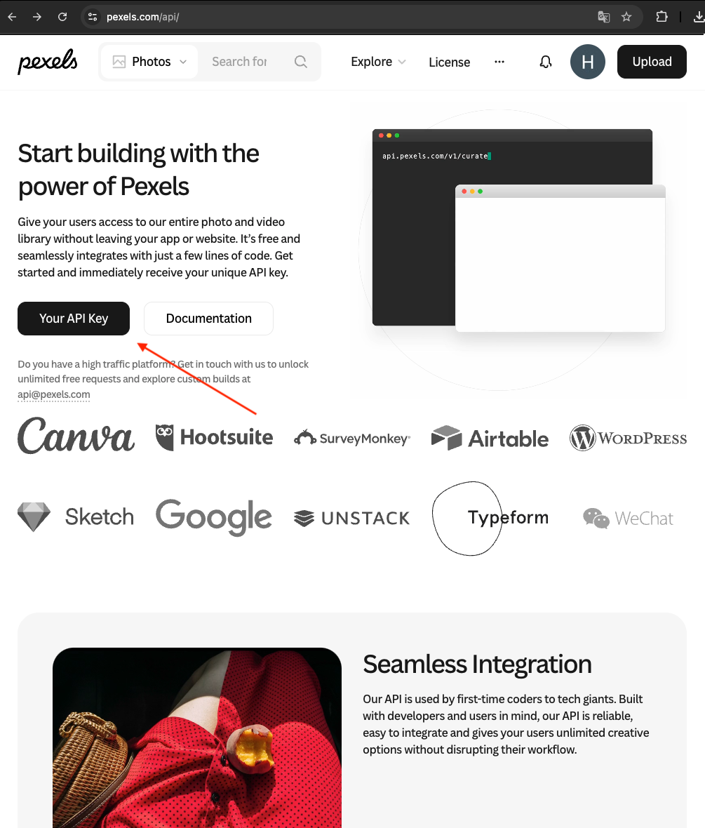 Pexels Developer 페이지에서 Image and Video API를 선택한 화면