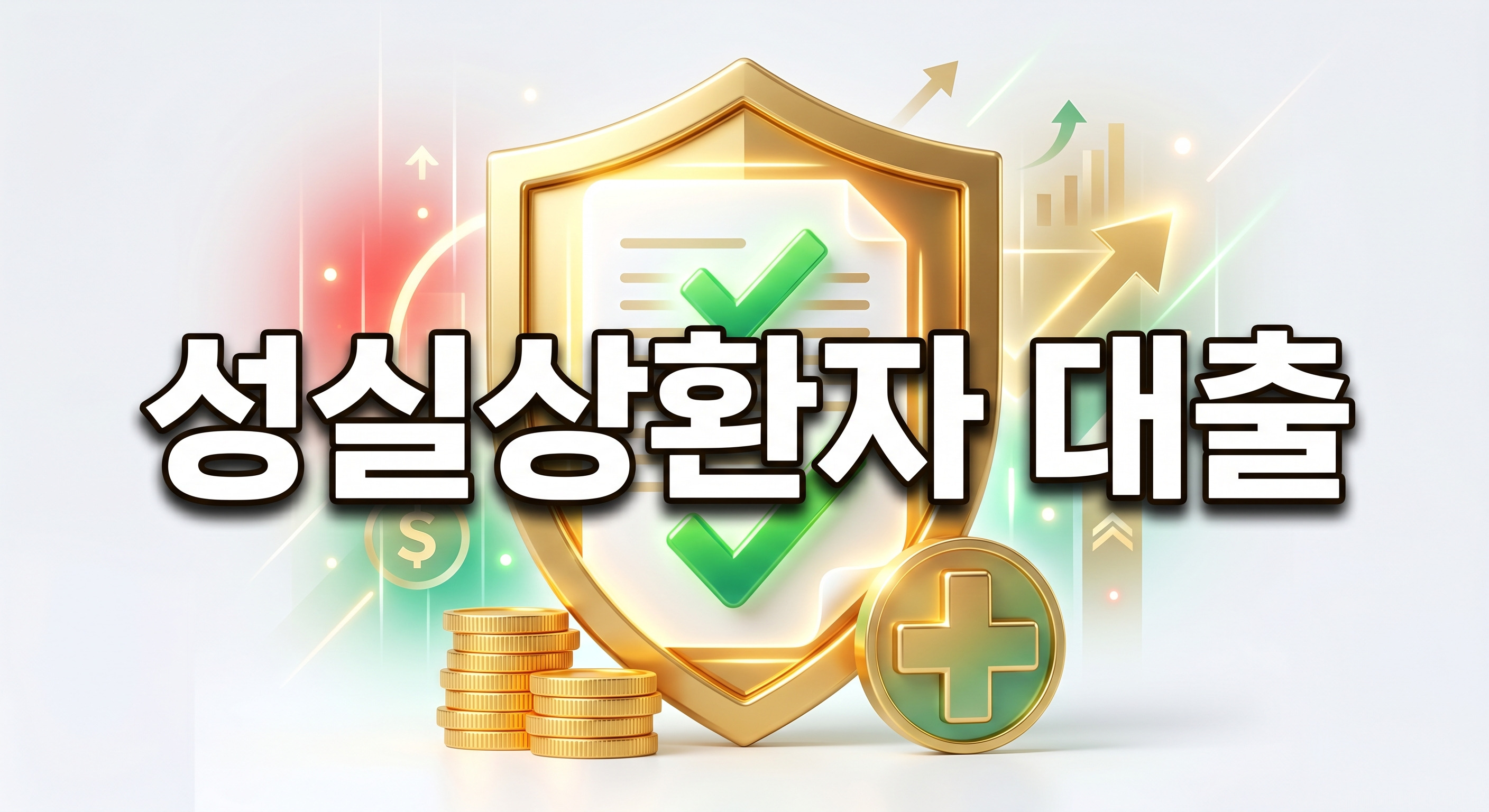 빛나는 초록색 체크 표시가 있는 디지털 문서를 황금 방패가 보호하고 있으며, 주변에 금화와 의료 십자가 아이콘이 놓인 3D 일러스트 배경에, 짙은 그림자와 외곽선으로 선명하게 강조된 '성실상환자 대출'이라는 한글 문구가 중앙에 적힌 이미지