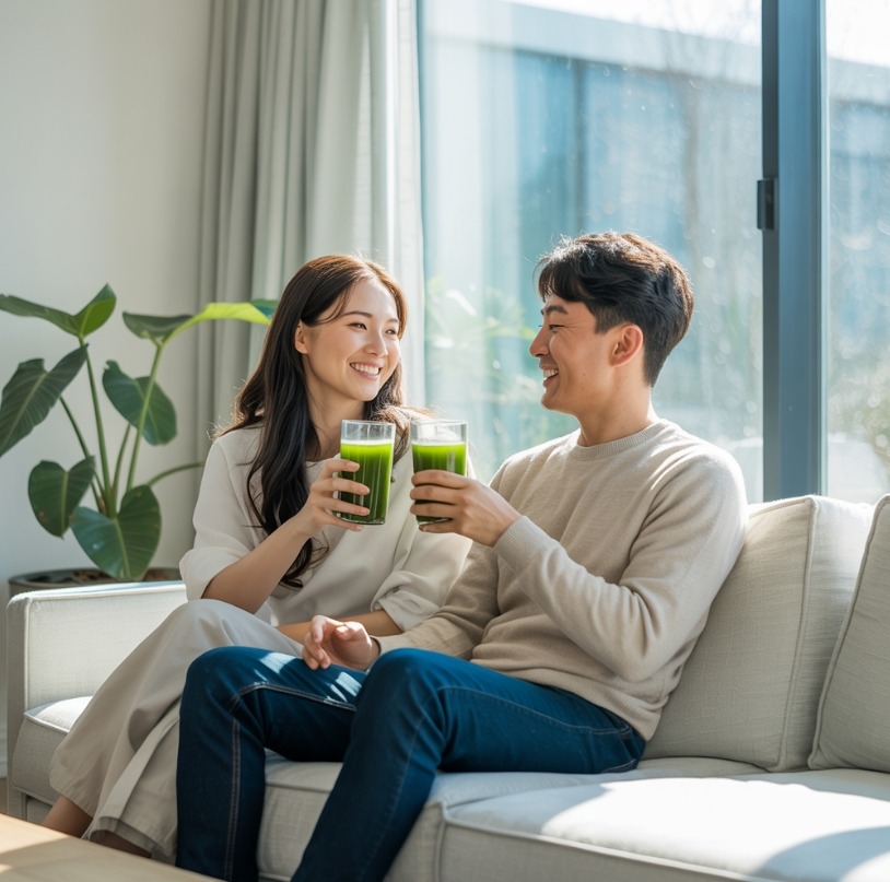 디톡스 주스 마시는 가족 이미지