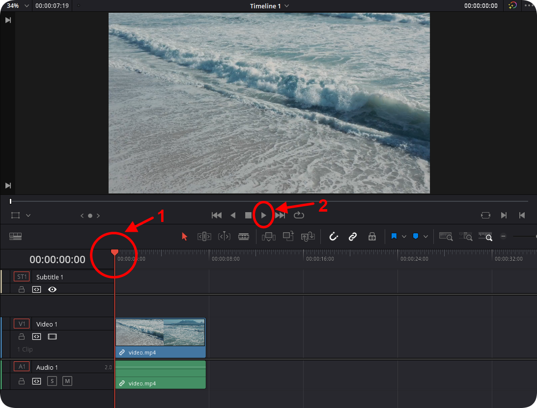 빨간 막대를 타임 라인의 시작 부분에 위치시킨 후 재생 버튼 클릭