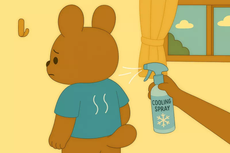 더워하는 곰 캐릭터에게 쿨링 스프레이를 뿌려주는 모습